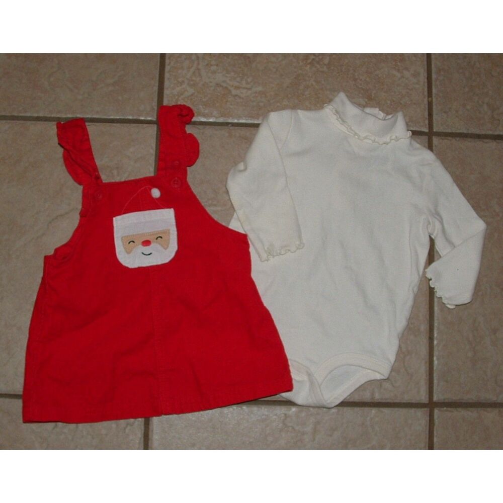 Girls Sz 6 Months Red SANTA CLAUS Corduroy Jumper Dress & Top Outfit CARTERS